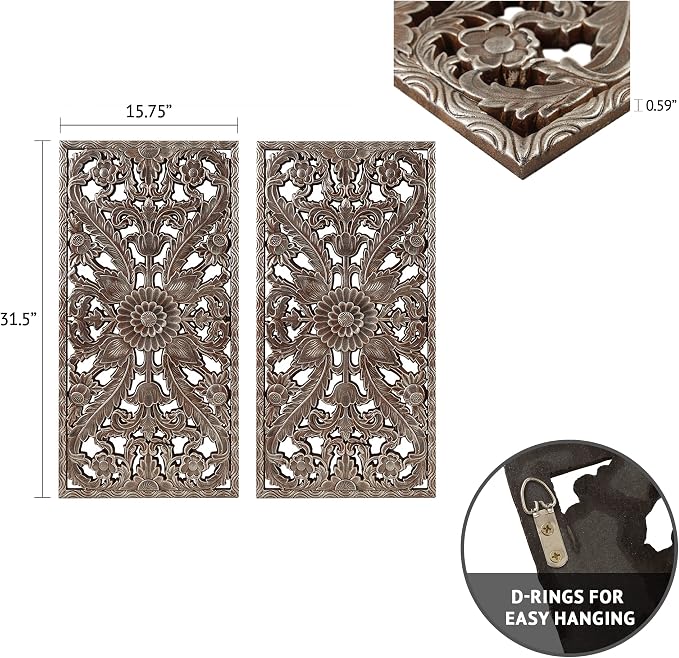 Madison Park Carved Wood Wall Art 2 Piece, Floral Wooden Carving Wall Decor, Bronze Wall Art Living Room Bedroom, Copper Embellished Boho, Ready to Hang, 15.75"W x 31.5"L, Bronze