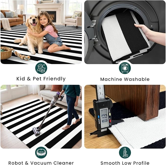 KOZYFLY Black and White Striped Rug 2x3 ft Doormat Cotton Woven Washable Indoor Outdoor Rug Small Front Door Rugs for Entryway Porch Kitchen Patio Decor
