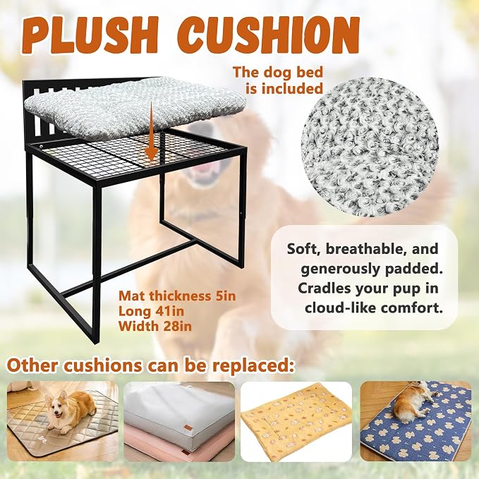 Beside Dog Bed,Adjustable Height Dog Bunk Beds,25.5‘’x18‘’Metal Dogs Bed Frame with Cushion (Large)