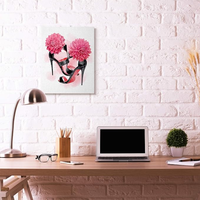 Stupell Industries Pink High Heel Glam Fashion Flower Painting Canvas Wall Art, 24 x 30, Multi-Color