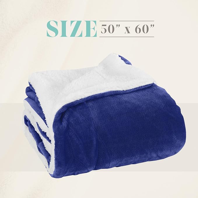Elegant Comfort Throw Blanket, Reversible Sherpa Flannel, Ultra-Soft, Fuzzy, Cozy and Plush- All Season Lightweight Decorative Throw, 50 x 60 inches, Solid Sherpa Throw, Royal Blue