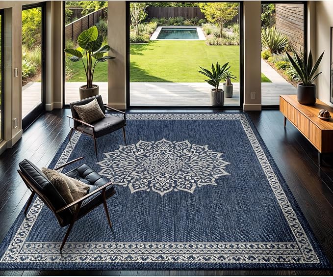 CAMILSON Outdoor Rug 10x14 Medallion Blue Modern Large Area Rugs for Indoor and Outdoor Patios Kitchen and Hallway Mats Washable Porch Deck Outside Carpet (Medallion Blue 10 x 14)