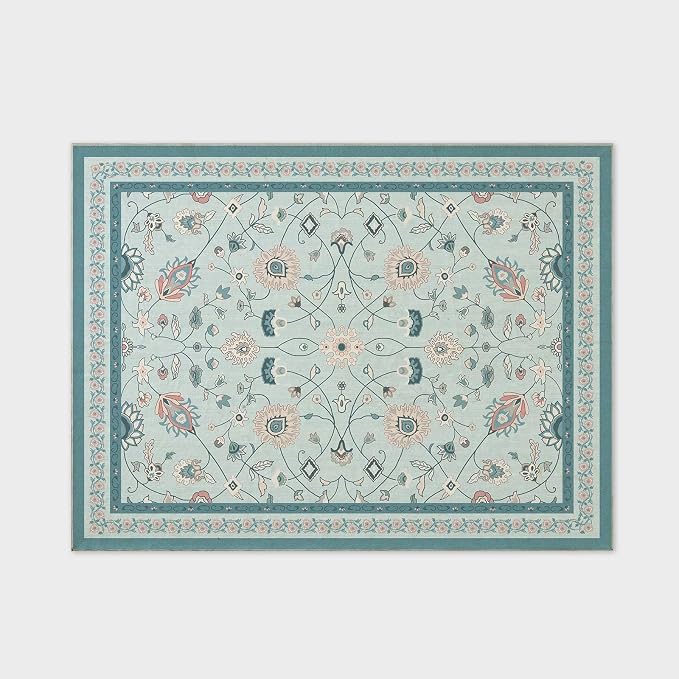 EVERGRACE Area Rugs for Living Room 9x12, Boho Floral Faux Wool Indoor Outdoor Rugs, Washable Rugs for Bedroom Dining Room Entryway Kitchen, Low Pile Floor Mat Carpet for Home Decor, Pale Blue