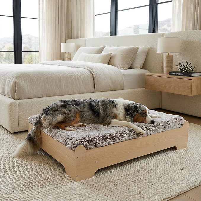 Elevated Wooden Dog Bed with Foam Mattress, Natural Wood, Large | Raised Dog Bed with Washable Cover and Supportive Foam Mattress, Crafted for Large Dogs and Modern Homes