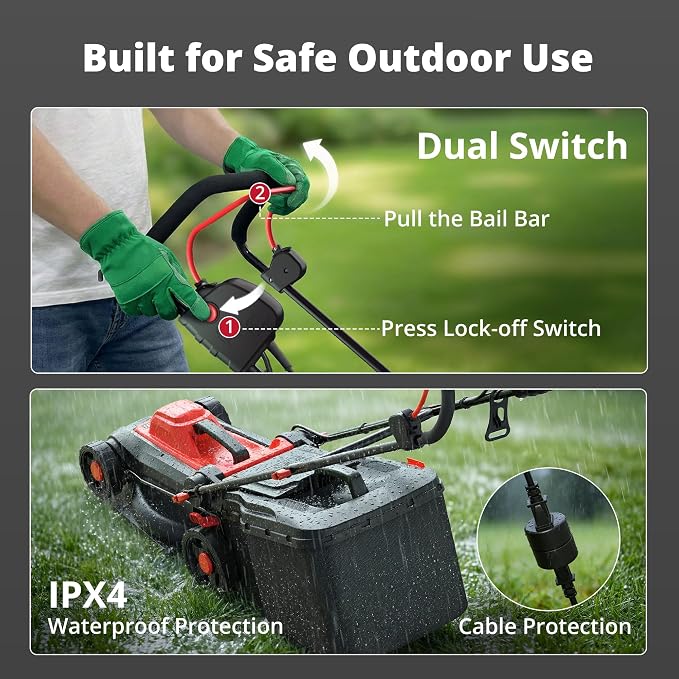 AMERISUN 14-Inch Corded Electric Lawn Mower, 12.5 Amp 3400RPM 2IN1 Mulching & 10-Gallon Collection Bag, Push Mower with 6-Position Cutting Height, Lightweight Electric Mower for Residential Yards