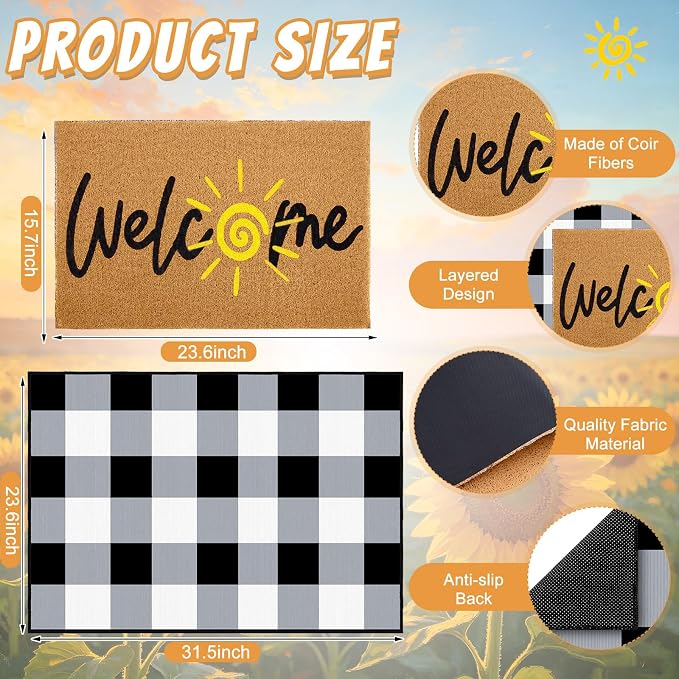2 Pcs Summer Welcome Door Mat Set, Welcome Sun Decorative Front Door Mat and Buffalo Plaid Rug, Washable Entryway Rug for Outdoor Indoor Home Farmhouse Porch Decor, 16x24 and 24x32 Inch