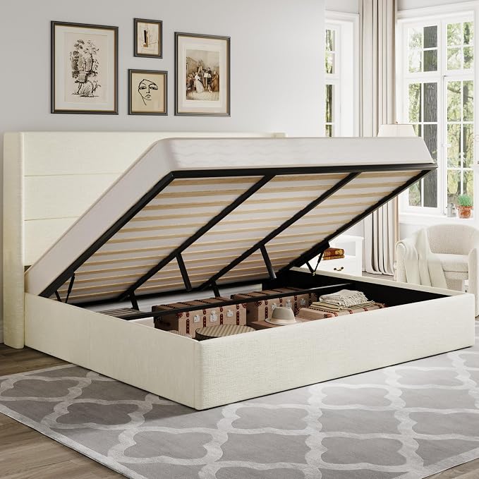 Allewie King Size Chenille Lift Up Hydraulic Storage Bed Frame Cream White | Chenille Fabric Upholstered, Modern Wingback Headboard, Hydraulic Support Storage, No Box Spring Needed
