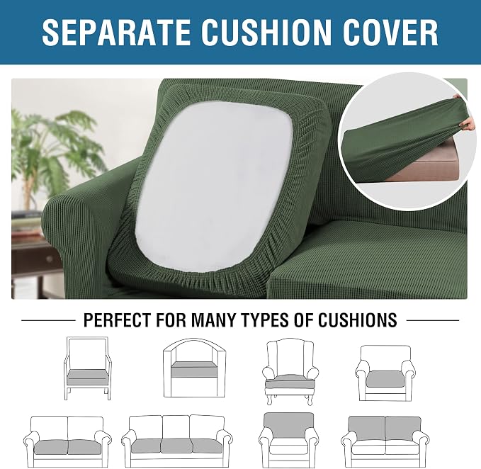 H.VERSAILTEX 4 Piece Stretch Sofa Covers for 3 Cushion Couch Covers for Living Room Furniture Slipcovers (Base Cover Plus 3 Seat Cushion Covers) Upgraded Thicker Jacquard Fabric (Sofa, Bronze Green)