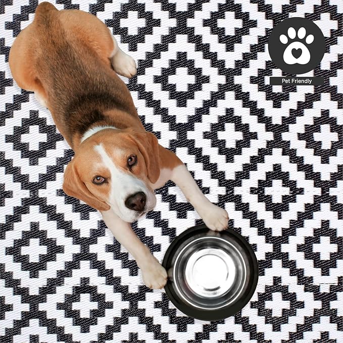 FH Home Outdoor Camping Rug - Waterproof, Fade Resistant, Reversible - Premium Recycled Plastic - Geometric - Large Patio, Deck, Sunroom, RV - Aztec - Black & White - 9 x 18 ft Foldable