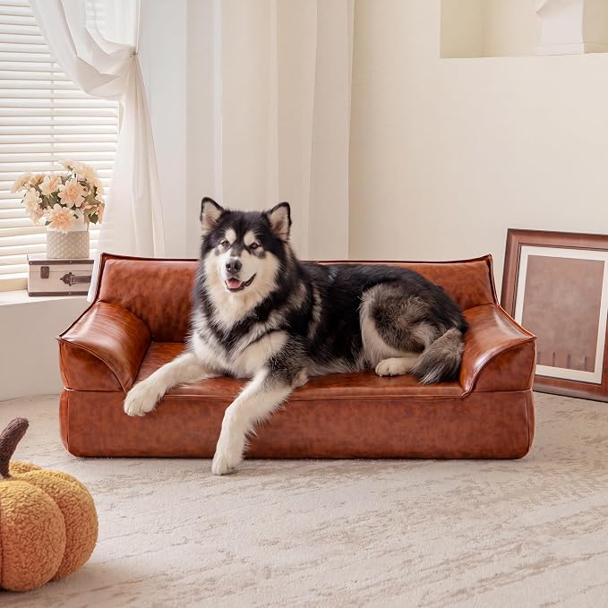 X-Large Leather Dog Bed Couch for Large Dogs Under 90 lbs, Brown Luxurious Vintage Elevated Dog Sofa Chaise Indoor Furniture Style Pet Supplies Low Maintenance