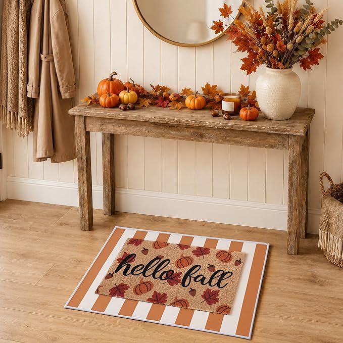 2pcs Hello Fall Doormats with Pumpkins Leaves Pattern Layered Autumn Front Porch Welcome Mat and Striped Crystal Velvet Layering Rug Non Slip Outdoor Entryway Flooring Decor for Thanksgiving