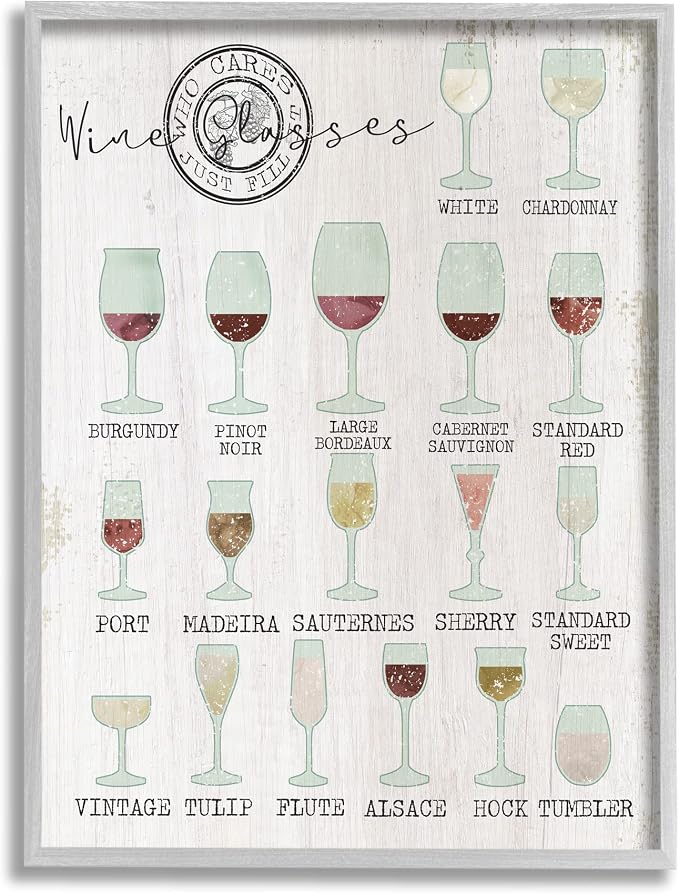 Wine Glasses Chart Kitchen, 16 x 20 Inch Framed Giclée Print | Stupell Industries · By Lil' Rue · Ready to hang · Kitchen friendly decor for dining spaces · Made in USA
