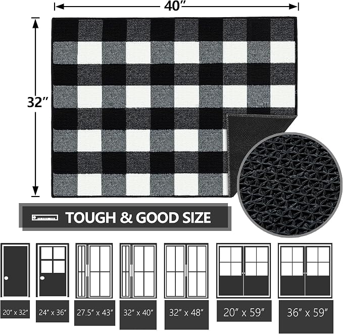 FONEYI Buffalo Plaid Outdoor Rug for Front Door Mats, 32" x 40" Black and White Checkered Layered Door Mat with Non Slip Backing, Washable Entryway Rug for Porch, Front Porch and Farmhouse Decor