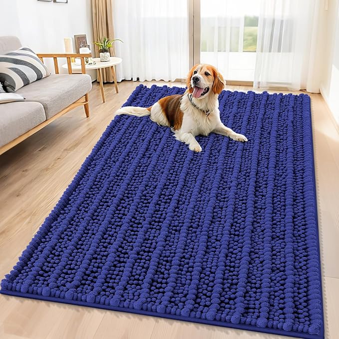 Smiry Dog Door Mat for Muddy Paws 59x35, Absorbent Dirt Trapper, Non-Slip Washable Chenille Entryway Rug for Inside Floor, Navy Blue, Layered Pattern