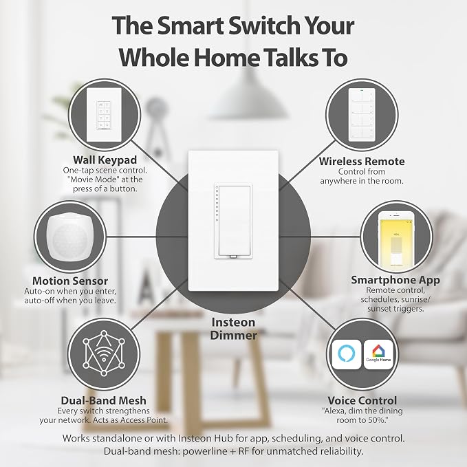 Insteon Smart Dimmer Wall Switch, 600W, 2477D (White) - Needs Neutral Wire - Requires Insteon Hub for Voice Control with Amazon Alexa and Google Assistant