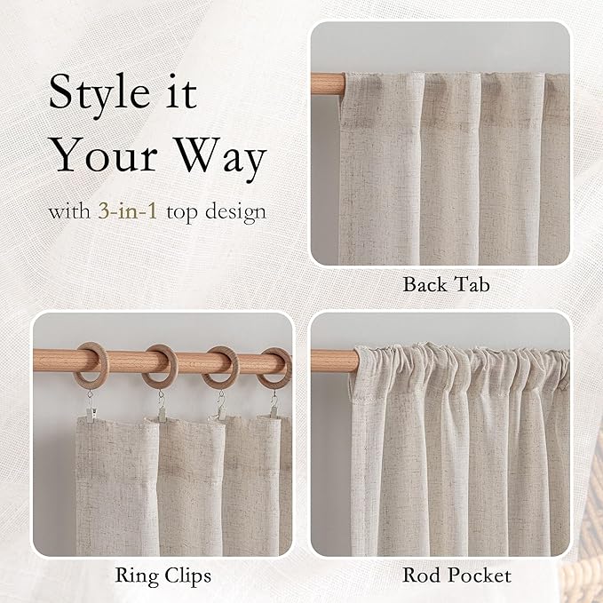 MYSKY HOME Linen Natural Farmhouse Kitchen Curtains 54 inches Long, Boho Curtain Panels Country Style Semi Sheer Window Panels for Home Decor, Light Filtering Privacy Drapes, 50" Wide, Pack-2
