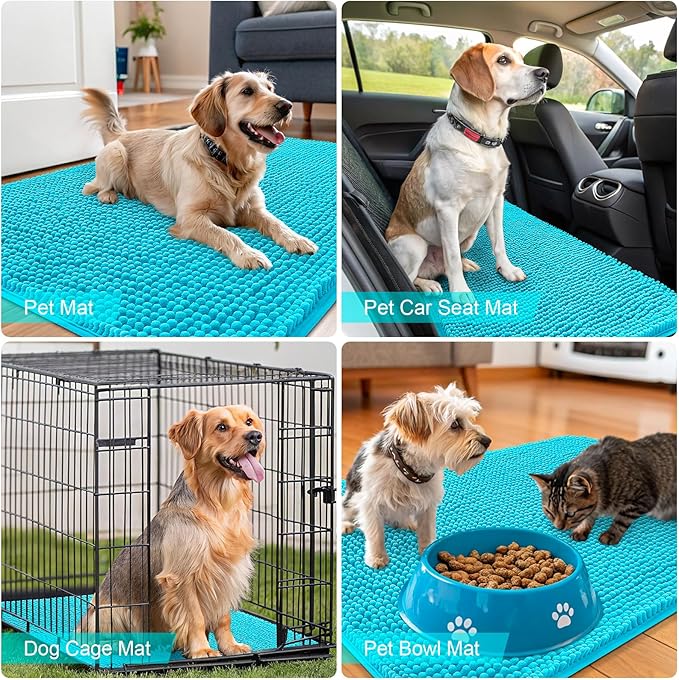 OLANLY Dog Door Mat for Muddy Paws 50x30, Absorbs Moisture and Dirt, Absorbent Non-Slip Washable Doormat, Quick Dry Chenille Mud Mat for Dogs, Entry Indoor Entryway Carpet for Inside Floor, Aqua Blue