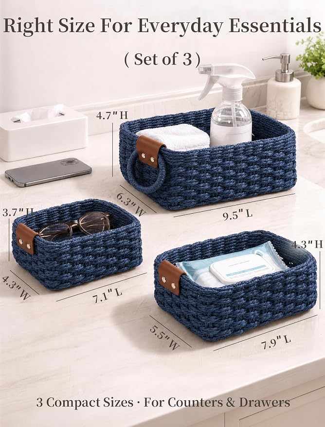 Small Wicker Baskets, 3 PCS Paper Rope Baskets for Shelves, Blue | Recycled Small Baskets, 3 Sizes Woven Baskets for Organizing, Decorative Storage Baskets for Bedroom and Bathroom