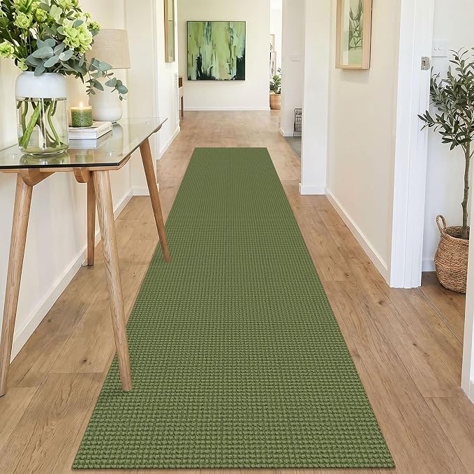 IOHOUZE Washable Runner Rug 2x10 Non Slip Rubber Backed Long Hallway Runner Entryway Runner Indoor, Kitchen Rugs Woven Cotton Floor Carpet for Hall Entrance, Olive Green/Earthy Green