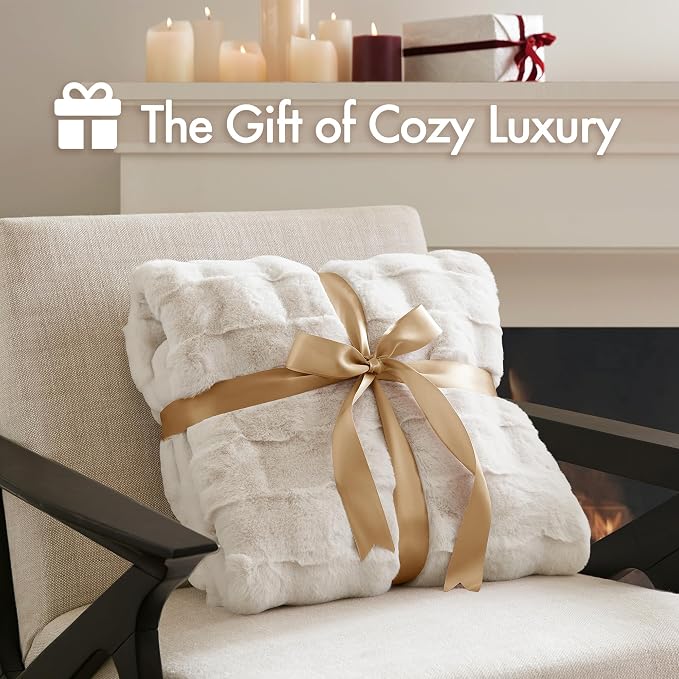 Madison Park Vivienne Faux Fur Throw Blanket Velvet, 50 x 60, Ivory | Cozy Warmth for Sofa or Bed, Reversible, Lightweight, OEKO-TEX Certified