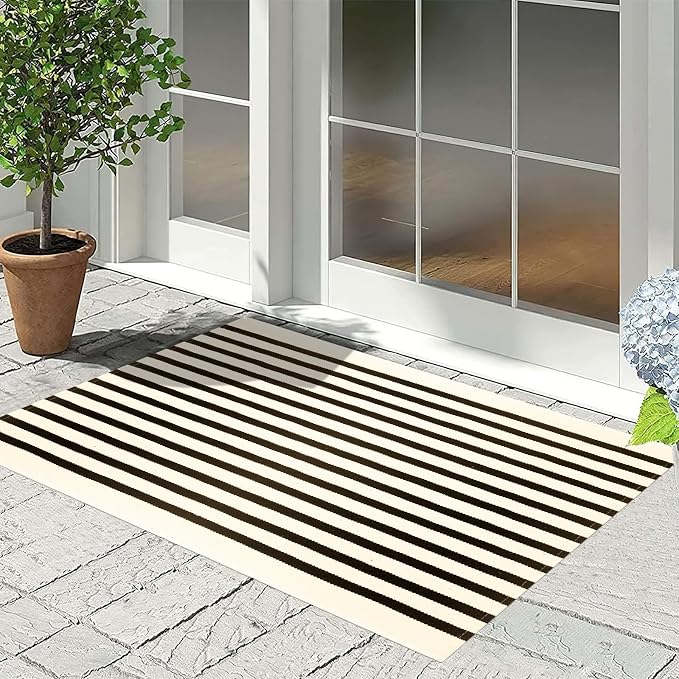 BUAGETUP Front Layered Door Mat 2'x3',Black and Beige Striped Outdoor Rug Machine Washable Cotton Outdoor Door MatEntryway Throw Rug for Indoor Entrance