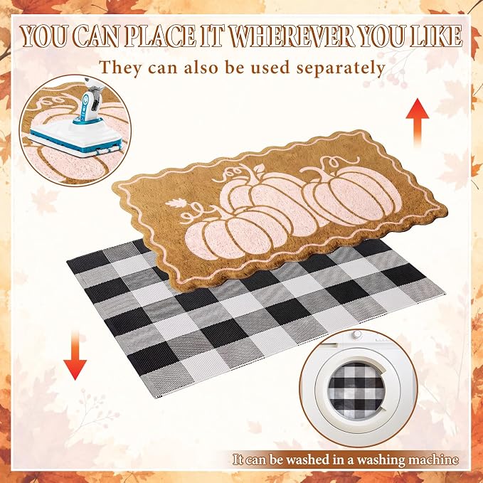 Moucuny 2 Pcs Fall Coir Doormat Outdoor, Wavy Edge Pumpkin Welcome Mat, Black and White Plaid Outdoor Rug Non Slip Floor Door Mat for Entrance Front Porch Decor, 24'' x 35'', 16'' x 28''
