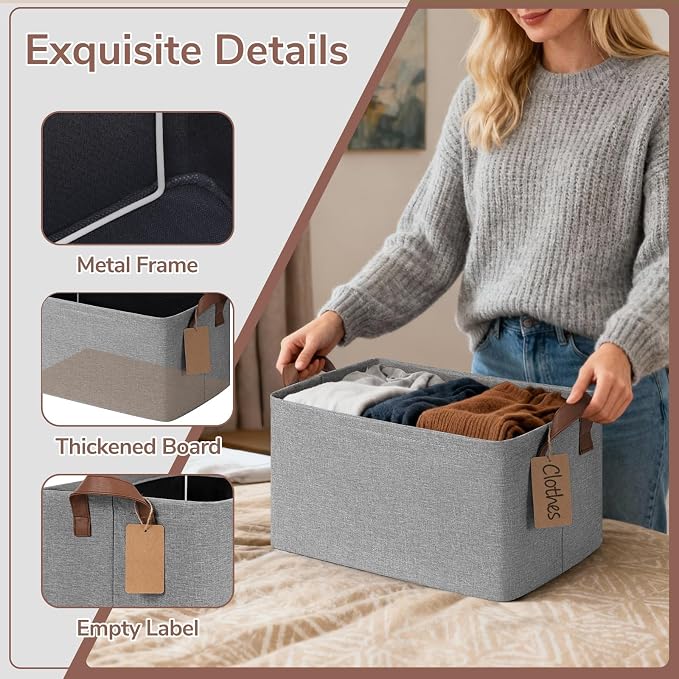 CHICVITA 4 Pack Foldable Fabric Storage Bins with Metal Frame, Gray | 14.8 × 10.3 × 8.3 in, Reinforced Handles, Closet & Shelf Organization, Toys, Blankets, Clothes & Linens Storage
