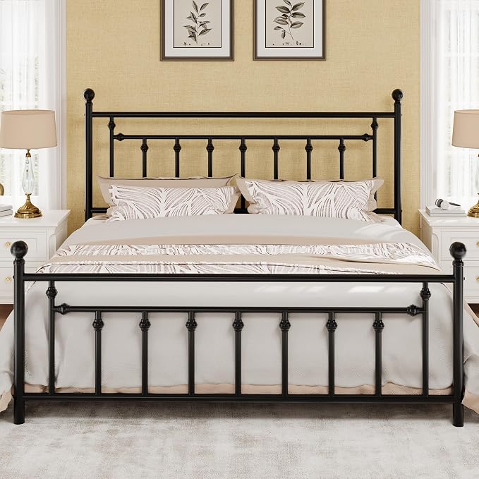 SHA CERLIN 14" King Size Metal Platform Bed Frame/Victorian Headboard and Footboard/Steel Slats Mattress Foundation for Storage/No Box Spring Needed/Noise Free/Black