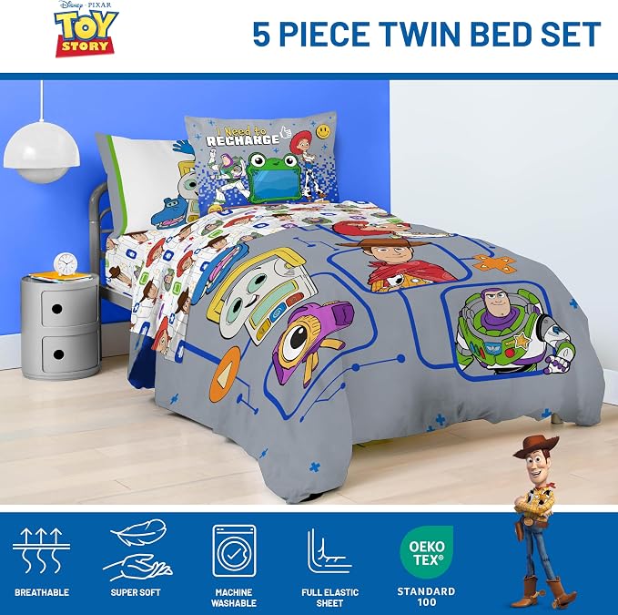Jay Franco Kids Comforter Set Includes Sheets and Pillow Covers - Soft and Cozy Bed Set for Stylish Room Decor, Official Licensed Bedding, Grey - Toy Story, 5 Piece Twin