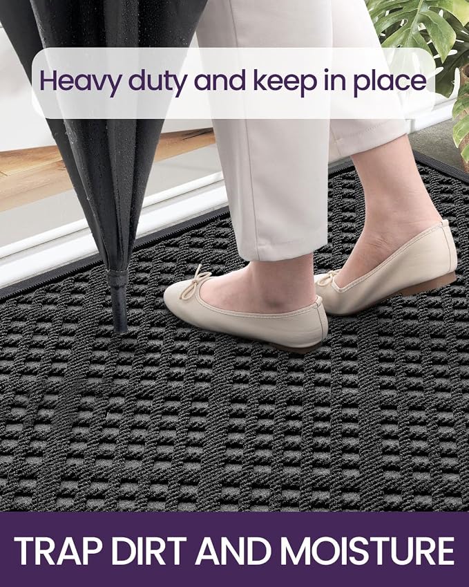 DEXI Front Door Mat Outside Entrance, 3x5 Heavy Duty Entry Doormat Dirt Trapper with Rubber Back, Non Slip Low Profile Floor Mats for Entryway Exterior Patio, Rhombic Black