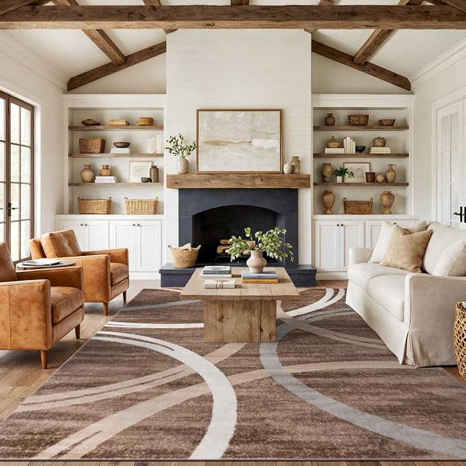 Rugshop Wavy Circles Modern Non-Shedding Area Rug Brown 10' x 14' | Rectangular, Size 10' x 14', Living Room, Bedroom, Dining Room, Home Office, Kitchen, Entryway, Hallway, Nursery, Kids Room