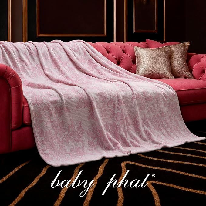 Baby Phat Oversized Plush Throw Blanket 60" x 70", Script Lace Pink