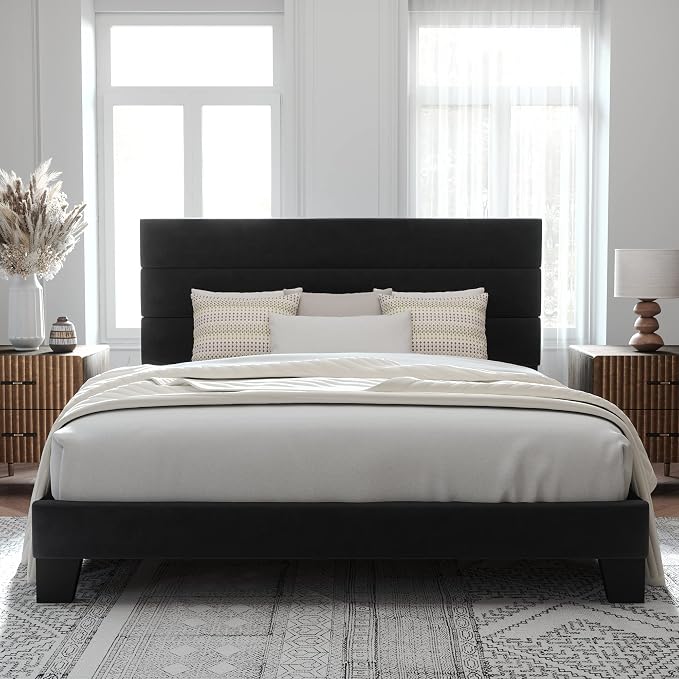 Allewie King Size Platform Bed Frame with Velvet Upholstered Headboard | Wooden Slats Support, Fully Upholstered Mattress Foundation, No Box Spring Needed, Easy Assembly, Noise-Free, Black
