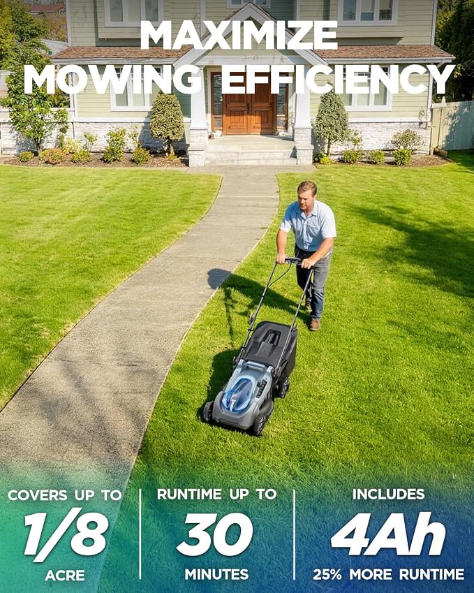 18-Inch Electric Lawn Mower, 40V Brushless Cordless Push Mower with 4.0Ah Battery & Charger, 2-in-1 Mulching/Bagging, 6-Position Height for Small to Medium Yards