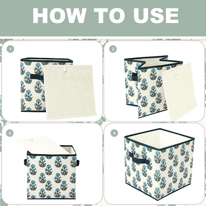 Bokon 6 Pcs 11 Inch Block Print Storage Bins Cube Cyan and White Storage Basket Rustic Floral Foldable Fabric Organizing Bins with Handles for Home Office Shelves Closets Clothes Toys Books