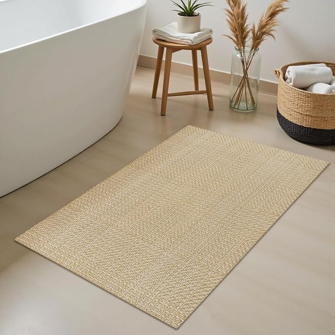 Rugalia Washable Woven Indoor Outdoor Doormat, 2x3 Natural Beige Cotton Small Entryway Rug Low Pile Non-Slip Kitchen Rug, Modern Farmhouse Neutral Throw Rug for Porch Bathroom Entrance Bedroom