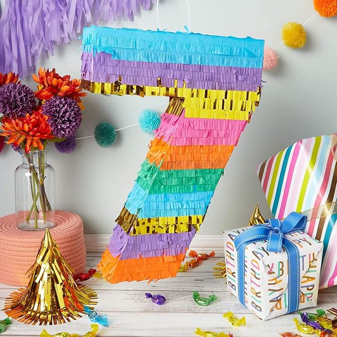 BLUE PANDA Rainbow Pinata 7 for Birthday Party Decoration - 12 x 16.75 x 3 In, Multicolored - Party Pinata for Girls & Boys Age 7