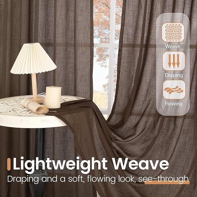 BGment Brown Linen Curtains 45 Inch Length for Window, Short Semi Sheer Drapes Light Filtering for Bedroom Kitchen Bathroom Decor Lightweight Rod Pocket, 2 Panels Set, Each 42 Inch Wide