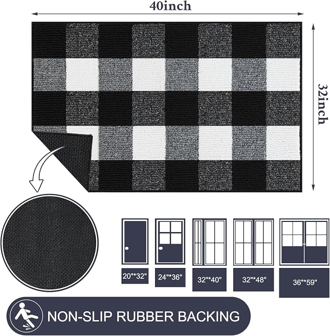 REFETONE Buffalo Plaid Indoor Outdoor Rug 32"x40", Black and White Checkered Front Door Mat with Non-Slip Rubber Back, Washable Low-Profile Entryway Rug for Porch, Kitchen, Layered Doormat Decor