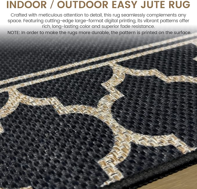 Washable Moroccan Easy Jute Rug, 3x5 Neutral Outdoor Indoor Patio Small Bordered Rug, Woven Thin Non Slip Carpet Door Mat for Entryway Front Door Porch Farmhouse Backyard Kid Nursery Play Room