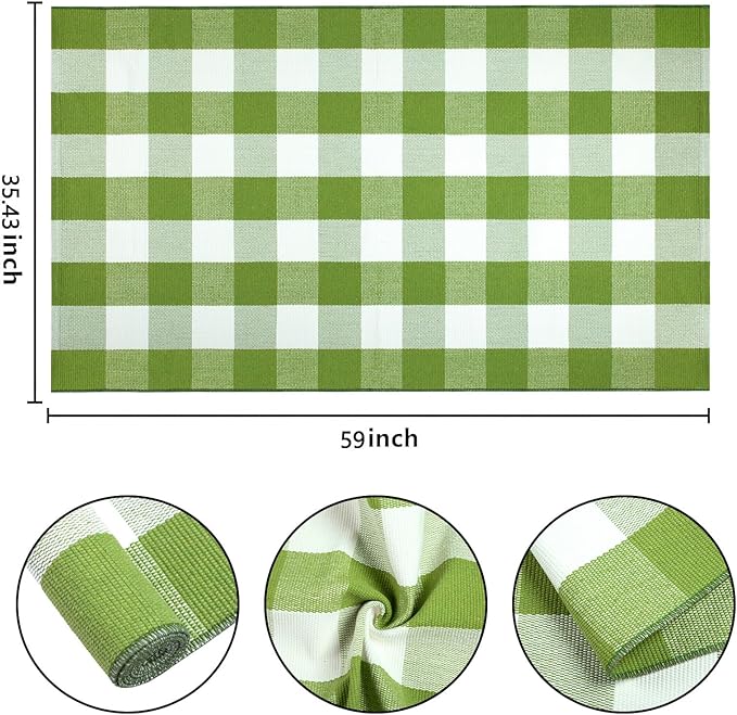 Front Porch Rug 3'x5'Checkered Green and White Outdoor Rug Farmhouse Layered Doormat Machine Washable Front Door Mat Outdoor for Hello Welcome Mat,Bedroom,Entryway,Patio