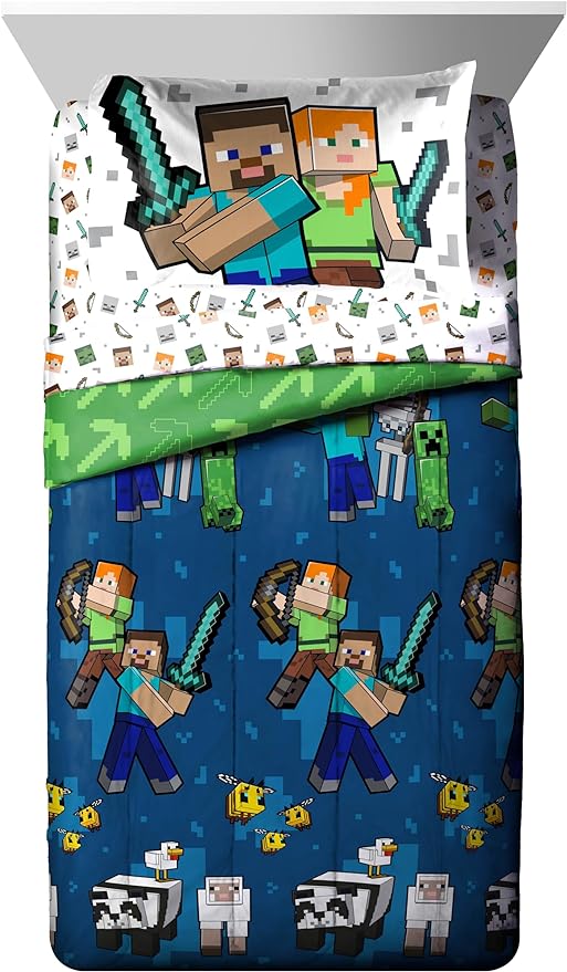 Jay Franco Minecraft Full Comforter Set - 7 Piece Bedding Includes Sheet Set & Pillow Covers - Super Soft Kids Bedding Creeper & Zombie