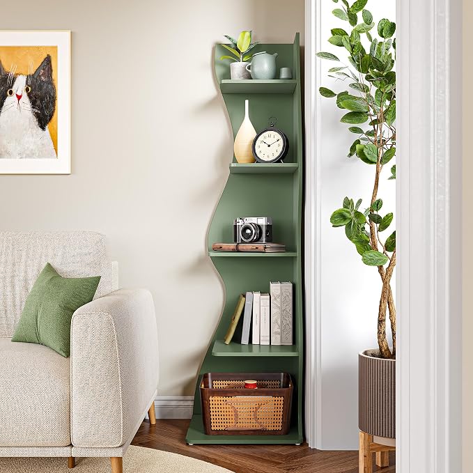 LITTLE TREE Small Corner Shelf, Modern 5-Tier Wall Wavy Corner Bookshelf | Stylish Bookcase Storage Rack for Small Space, Living Room, Bedroom, Green