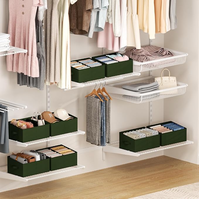 DIMJ Large Closet Shelf Organizer Bins 8 Packs with Handles and Divider, Fabric Trapezoid Storage Baskets, Foldable Clothes Containers Box for Shelf, Towel, Book, Toy, Purse, Hats, Green