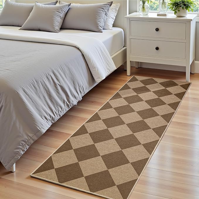 EDIMENS 2x6 Checkered Easy Jute Washable Kitchen Indoor Outdoor Runner Rug | Non Slip Front Door Runner Rug for Laundry Balcony Low Pile Rugs Brown Checkerboard Carpet for Hallway 6ft Entry