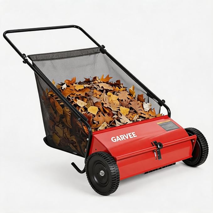 26 Inch Push Lawn Sweeper with Wheels,Manual Push Sweeper for Leaves and Grass Collection,7cu. ft. Hopper Bag,4 Adjustable Spinning Brushes, Ideal for Garden, Patio and Yard Cleanup