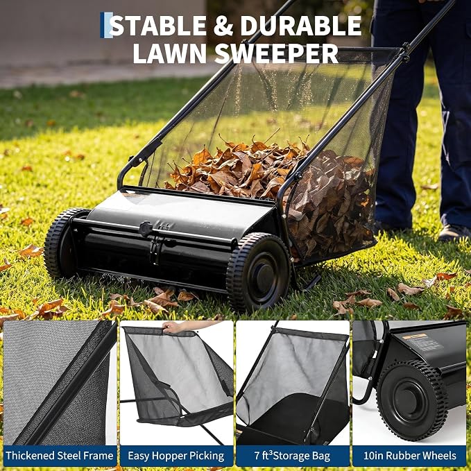 Steel 26 Inch Push Lawn Sweeper with 7 Cu ft Hopper Bag | Walk Behind Heavy Duty Leaf Collector and Yard Sweeper, Adjustable Brush Height for Patio Driveway & Garden Grass