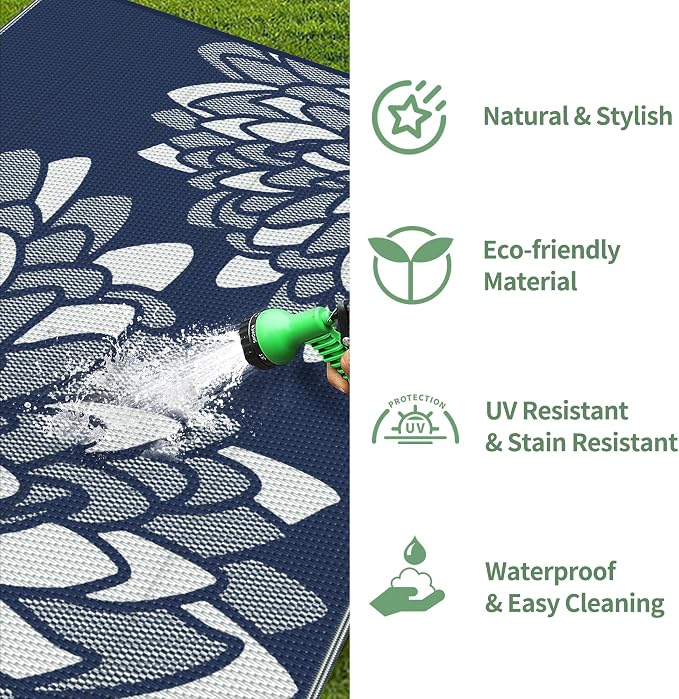 GENIMO Outdoor Rug, Waterproof Plastic Rugs for Patio, 6'x9' Indigo White | Outside Larger Leaf Carpet Mat for Porch Decor, Deck, Balcony, Camping, RV, Backyard, Picnic, Beach, Reversible, Foldable