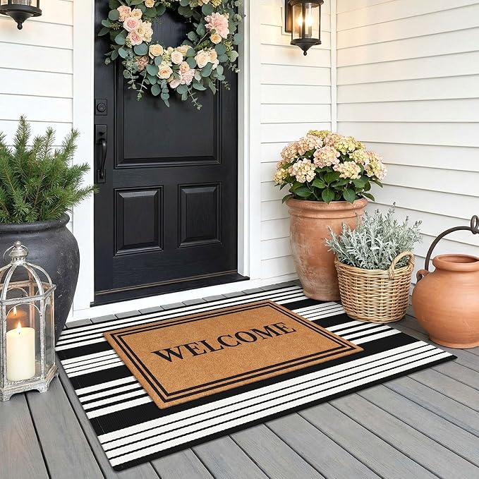 KOZYFLY Striped Rug 2.3x3.6 ft Black White Outdoor Doormat Cotton Woven Washable Indoor Outdoor Rug Front Door Mat for Entryway Porch Kitchen Patio Decor Small Area Rugs
