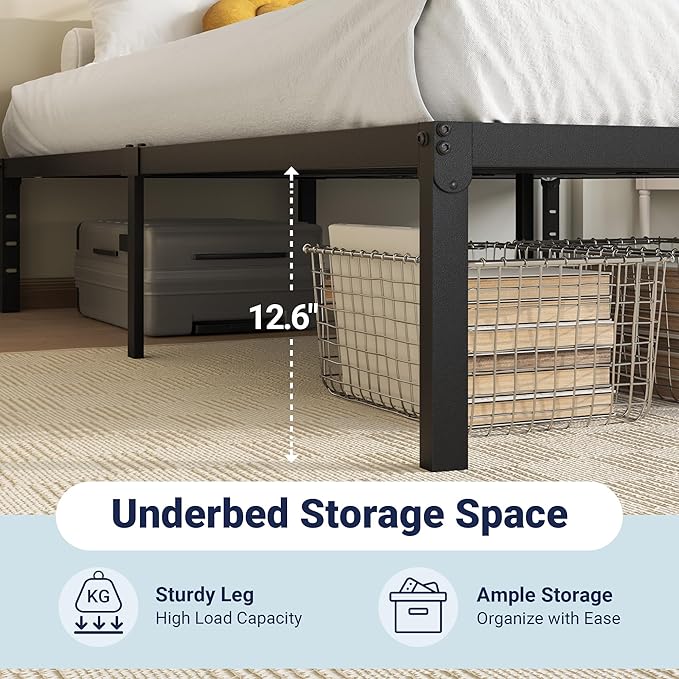 Allewie Queen Bed Frame, 14 inch Metal Beds with Storage Space, Black | Heavy-Duty Metal Platform Beds, Large Under-Bed Storage Space, No Box Spring Needed, Easy Assembly